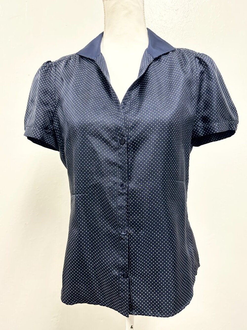 Vintage Loro Piana Navy Blue Polka Dot Printed Silk Blouse IT 46